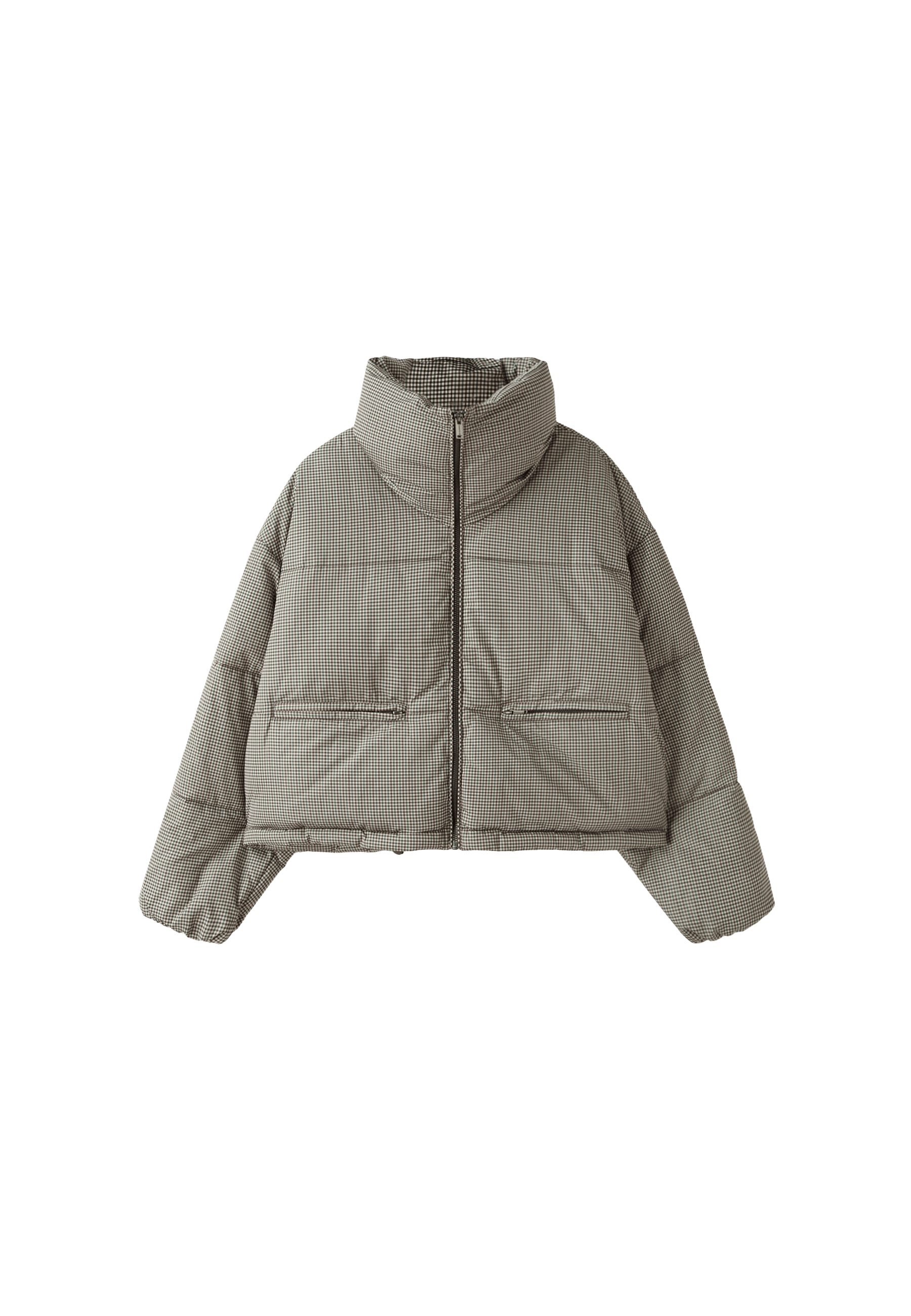 Check high-neck cropped padded jacket — Beige