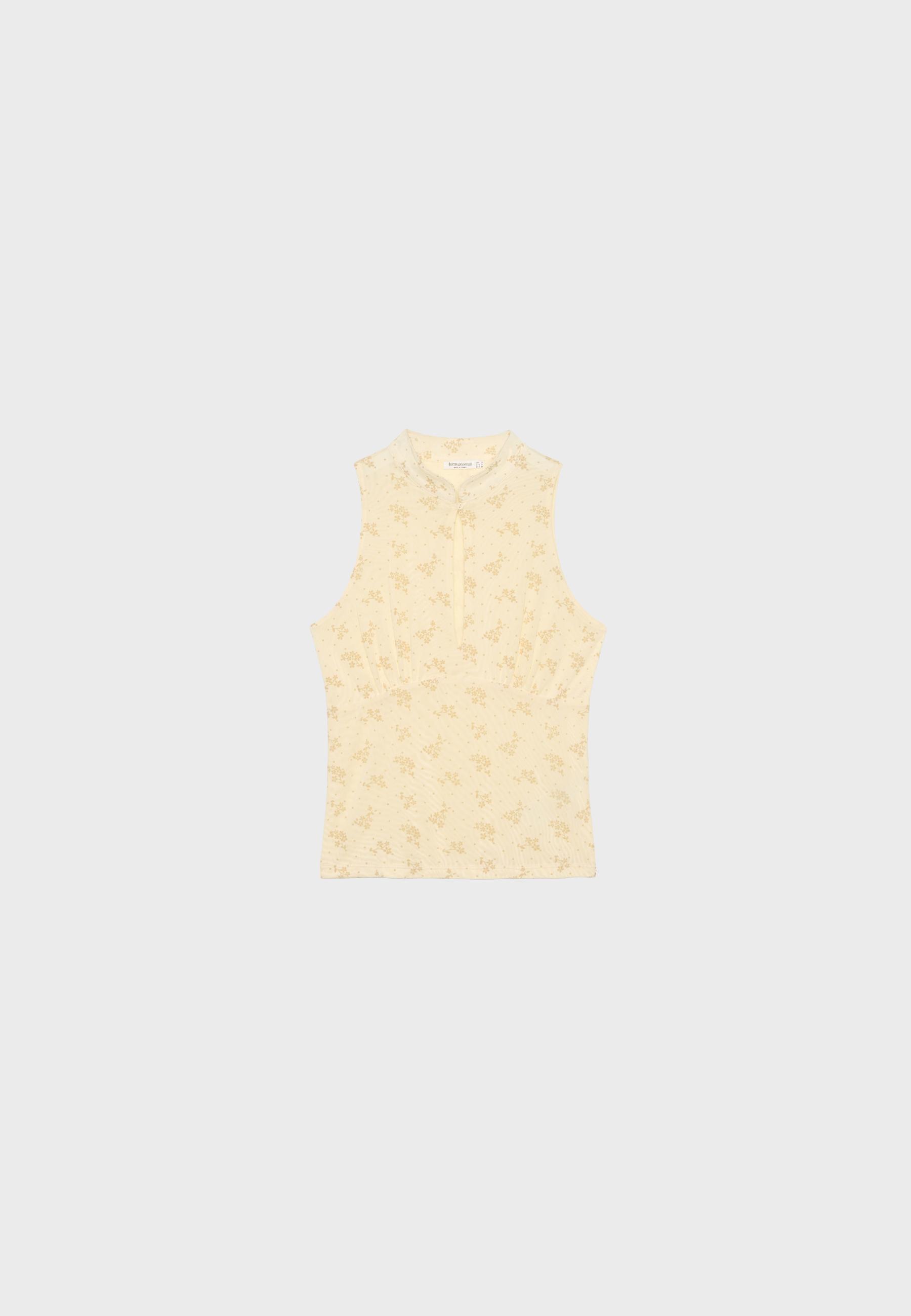 Sleeveless stand collar top with split — Pastel yellow