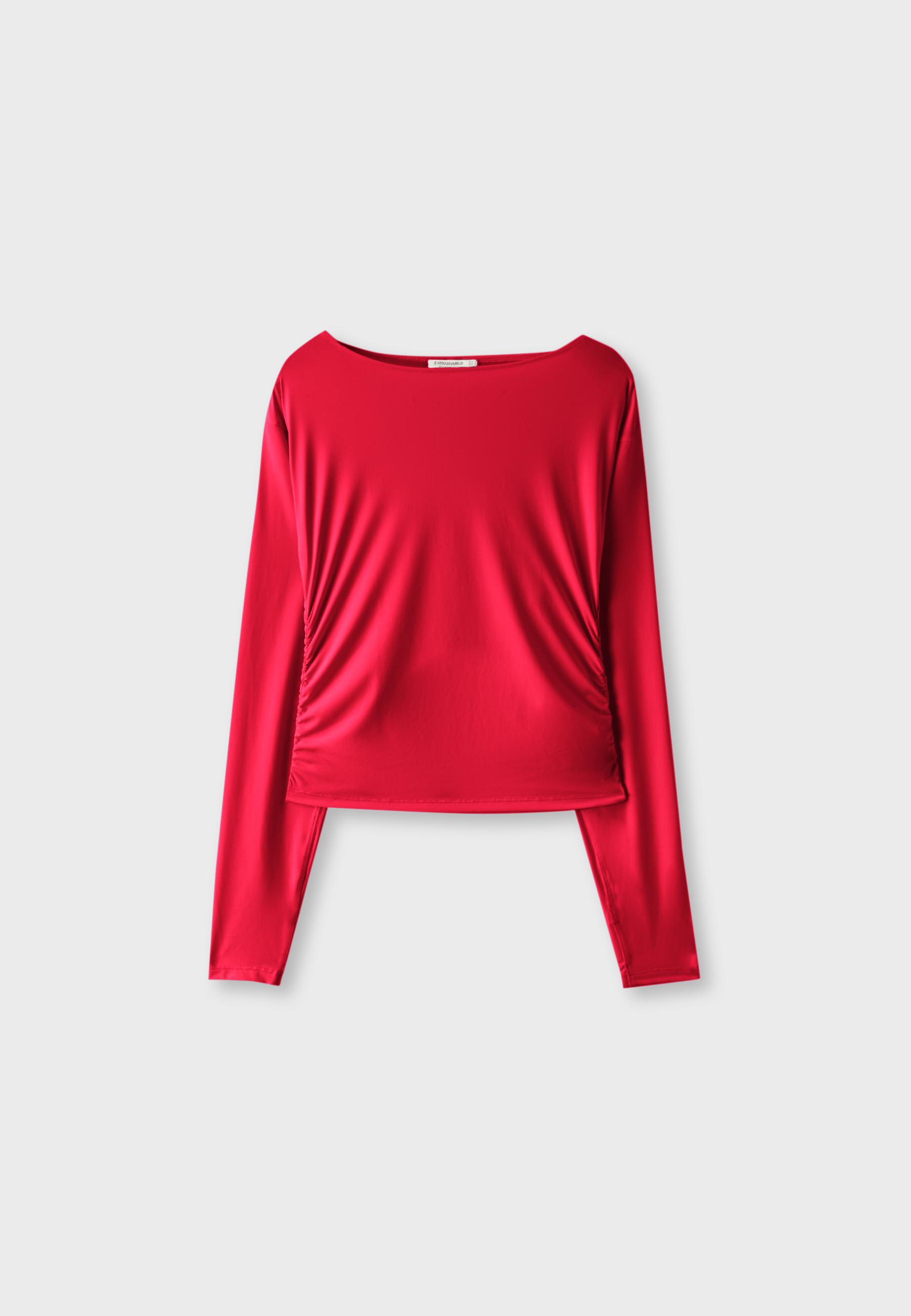 Long sleeve gathered polyamide T-shirt — Red