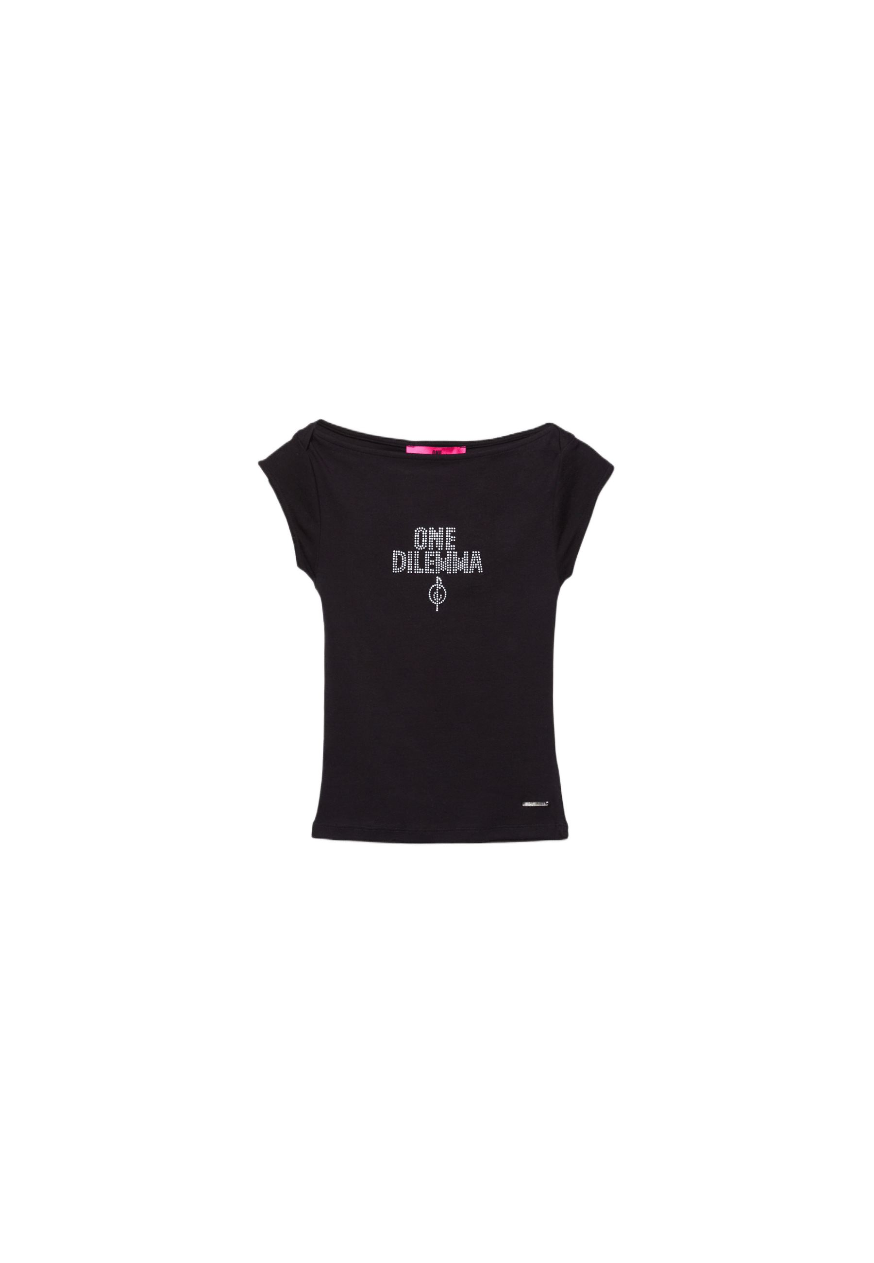 Boat neck short sleeve T-shirt with rhinestones One Dilemma — Black