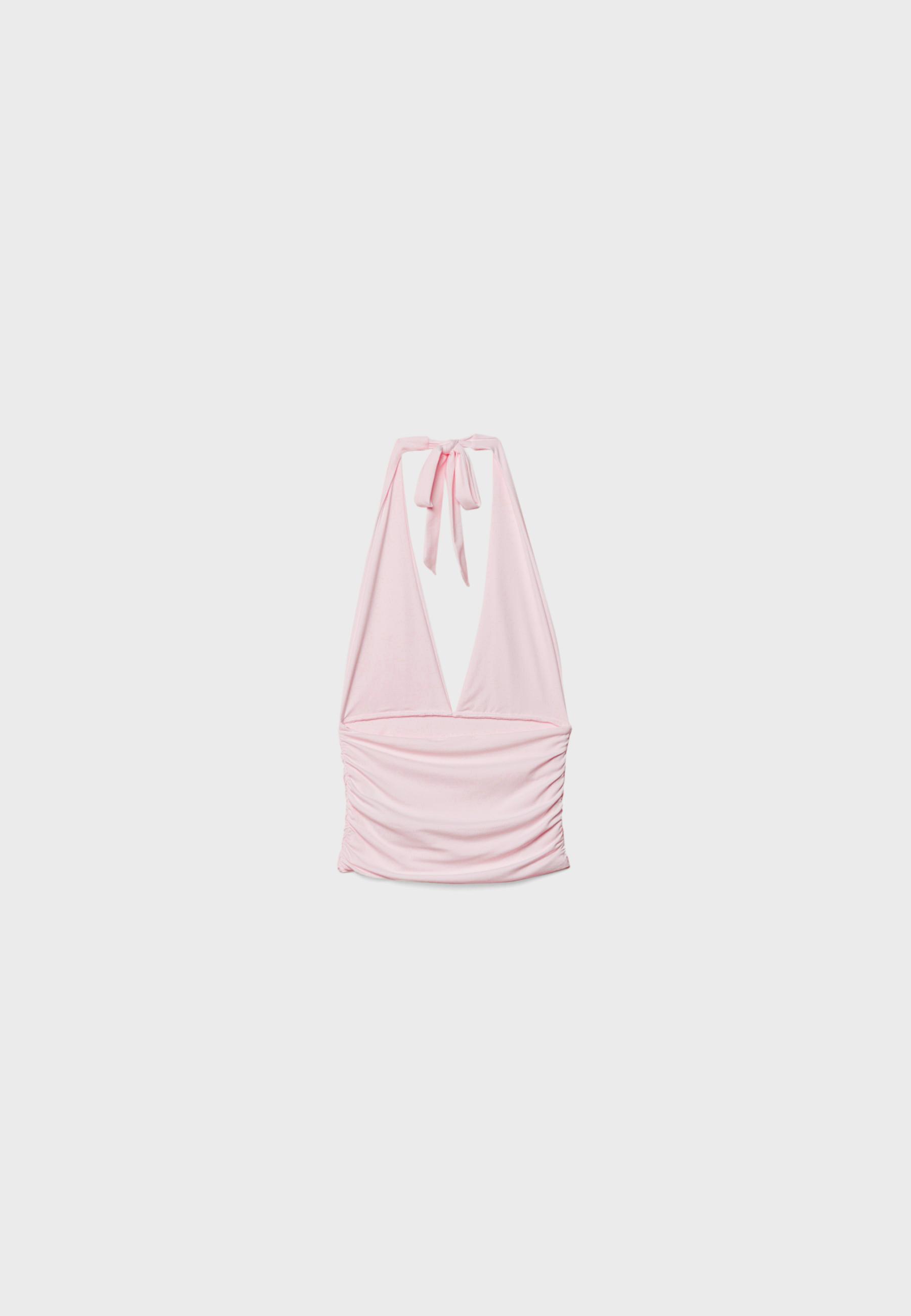Ruched halter top with neck tie — Salmon pink