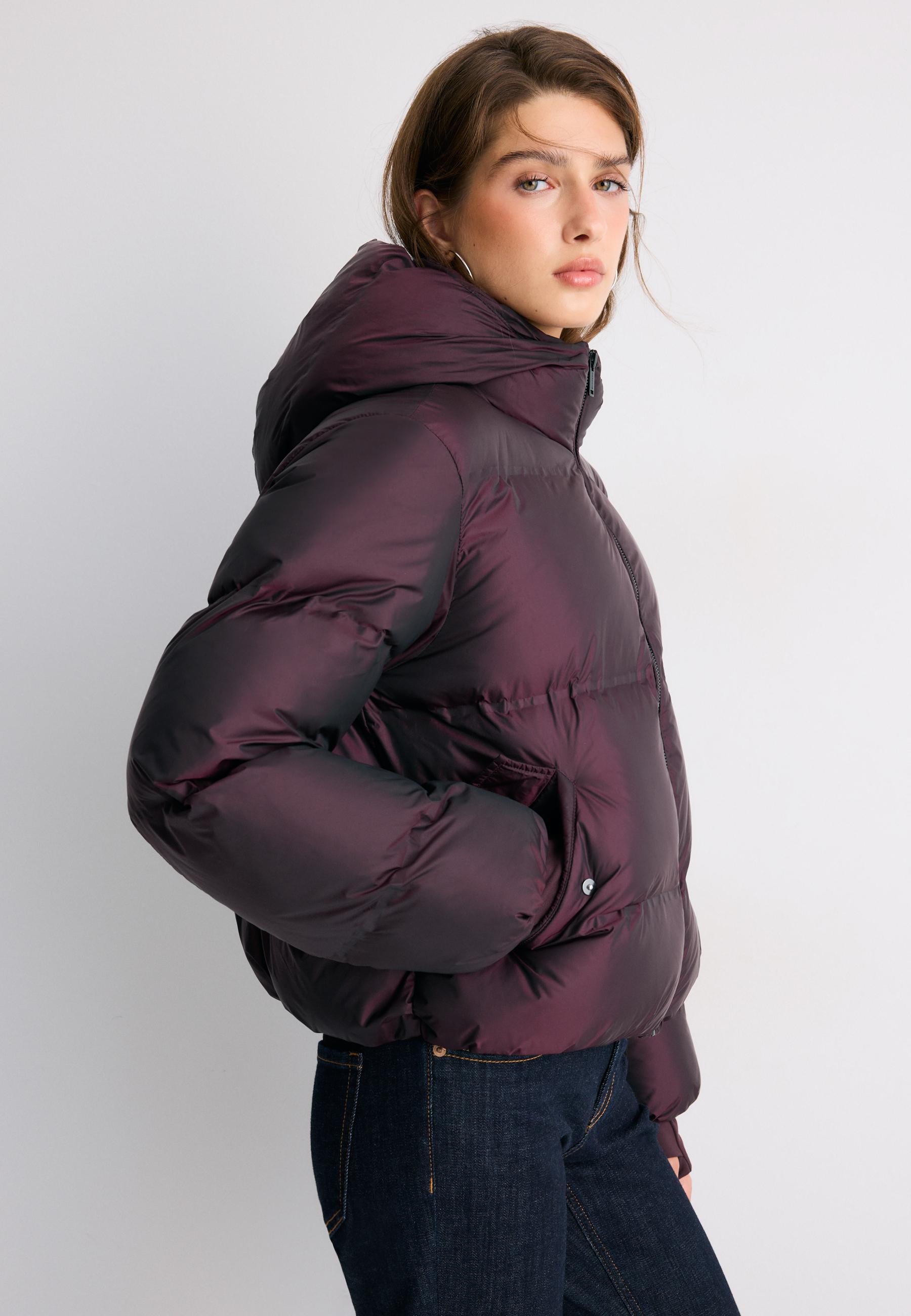 Hooded shiny padded jacket — Dark purple