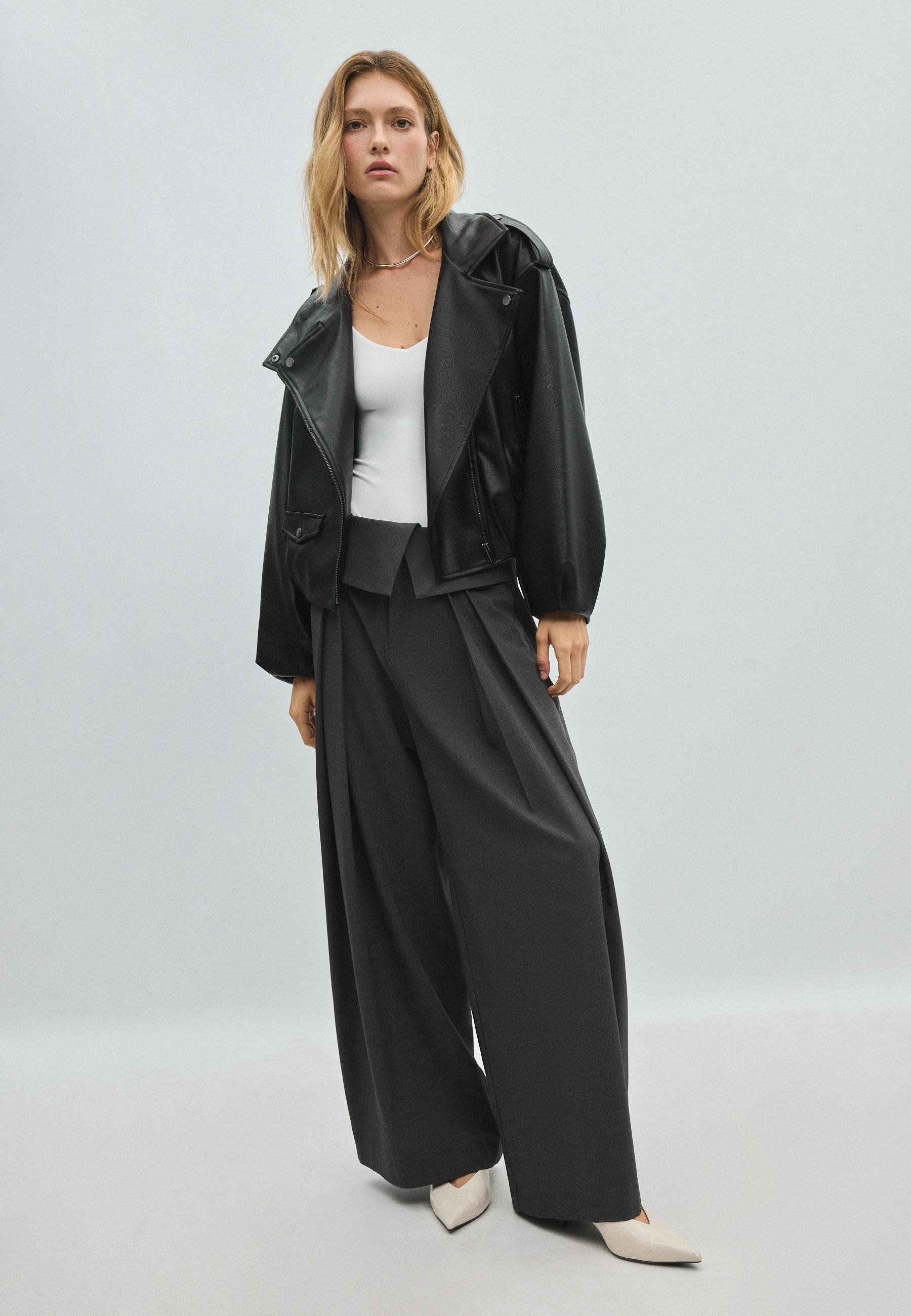 Leather effect balloon sleeve biker jacket — Black