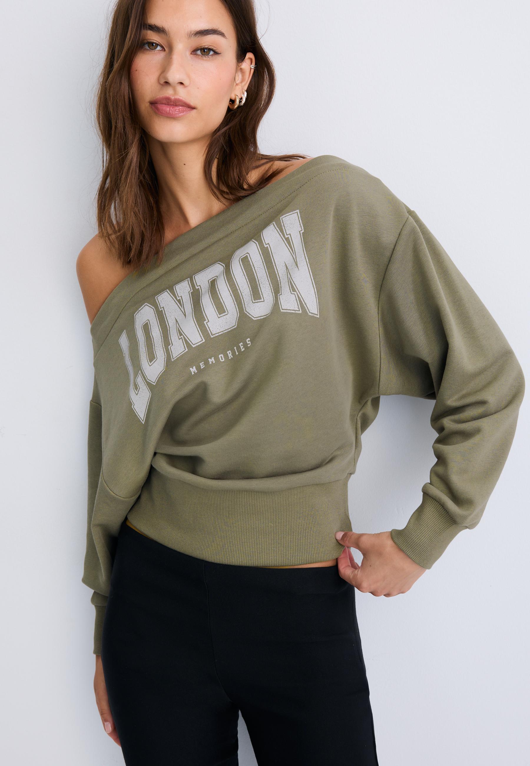 Cropped boat neck sweatshirt — Khaki