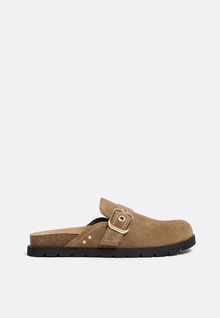split suede clogs with buckle