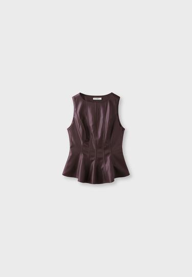 Leather effect peplum sleeveless top — Brown 7