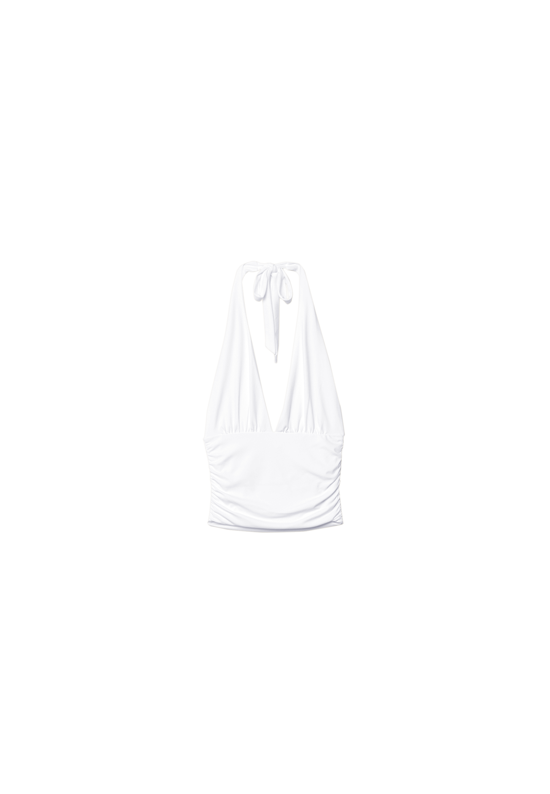 Ruched halter top with neck tie — Ecru