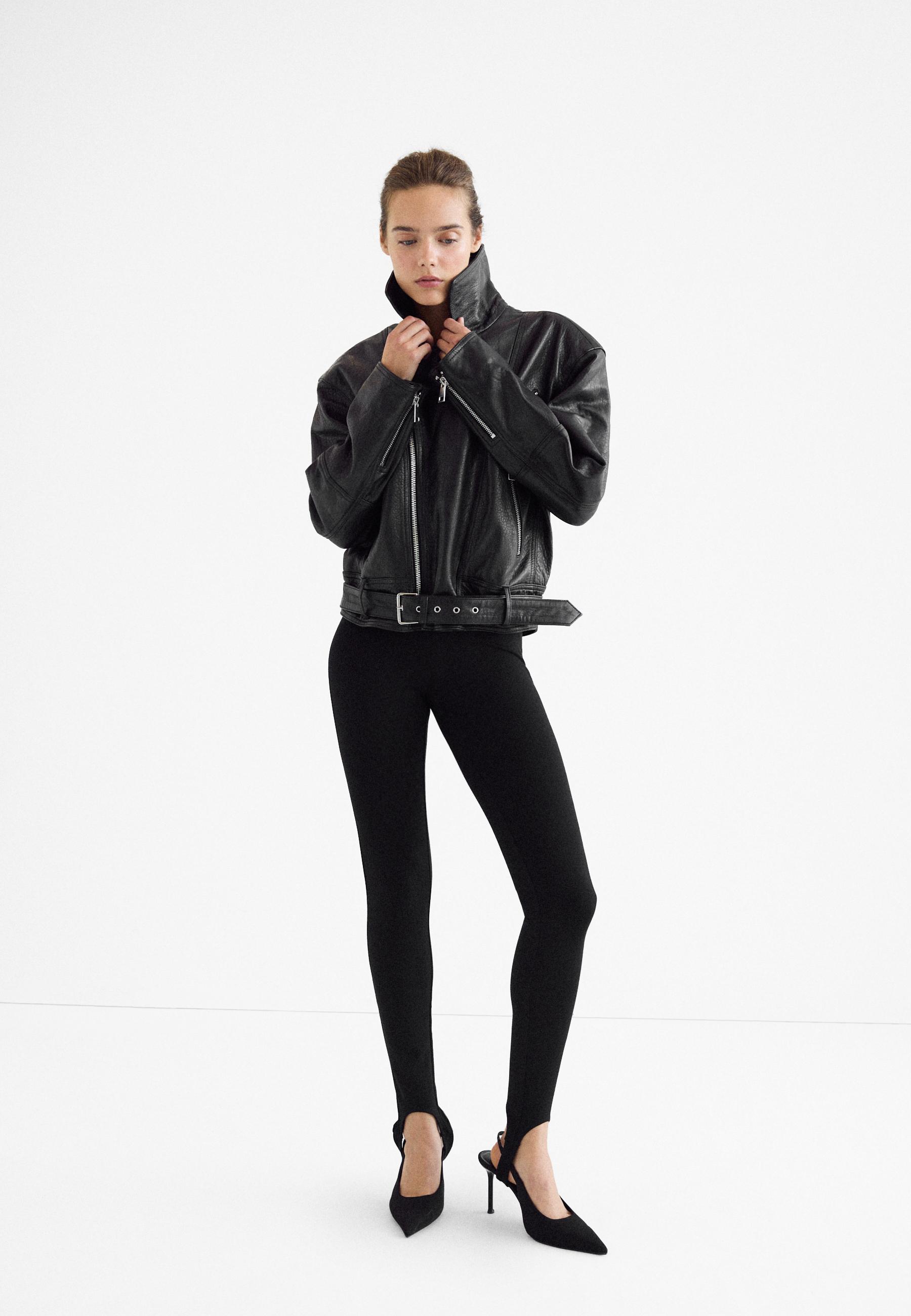 Stradivarius Μπουφάν Biker 100% Δέρμα Μαύρο L