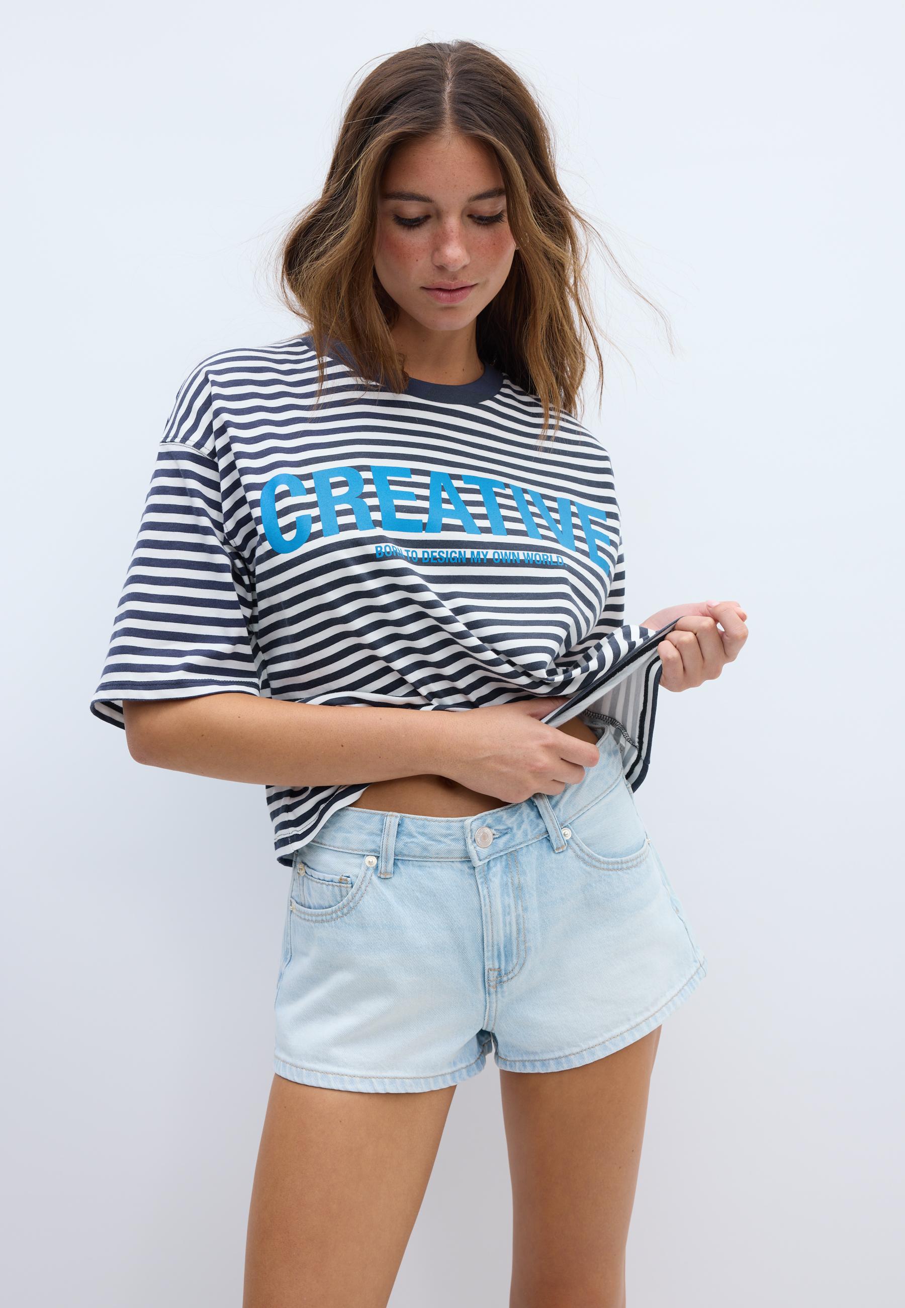 Printed striped short sleeve T-shirt — Navy blue