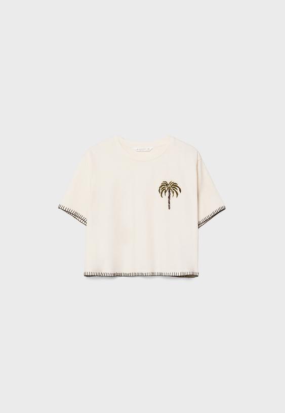 Palmiye ağacı işlemeli crop t-shirt_6