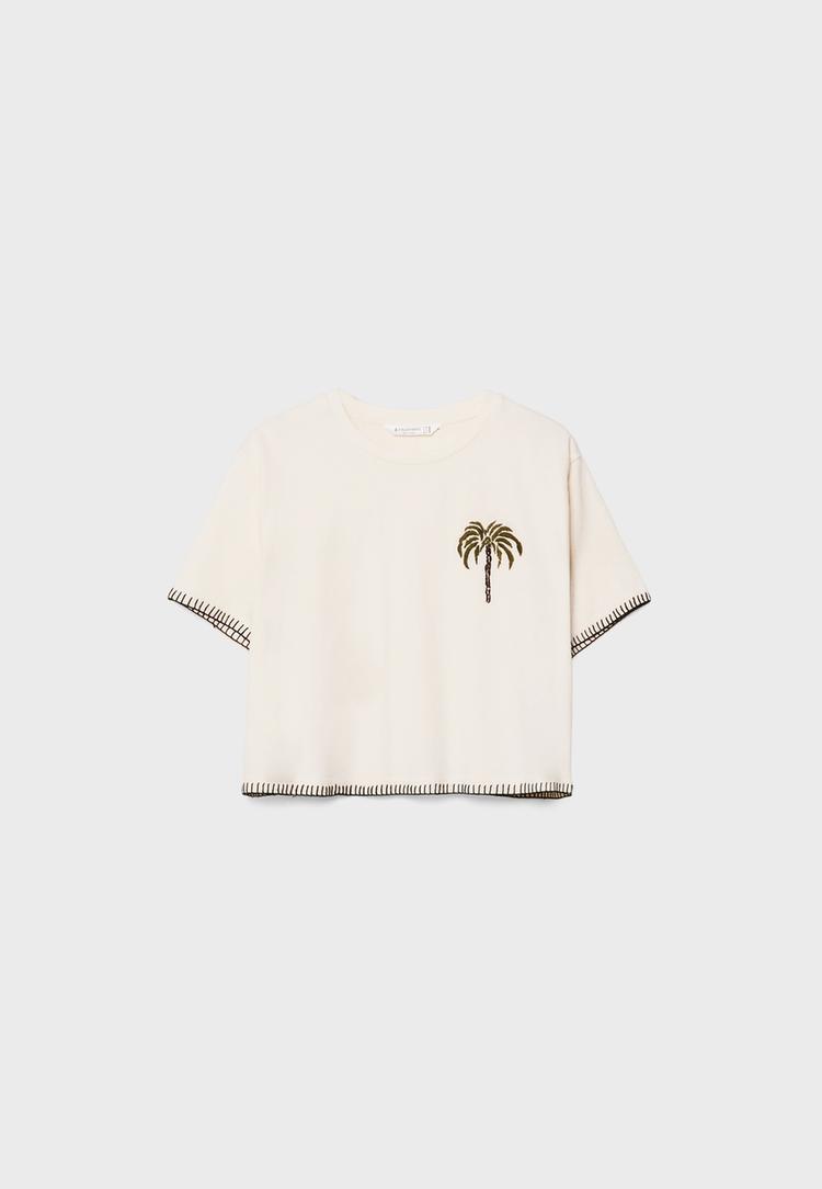 Palmiye ağacı işlemeli crop t-shirt_6