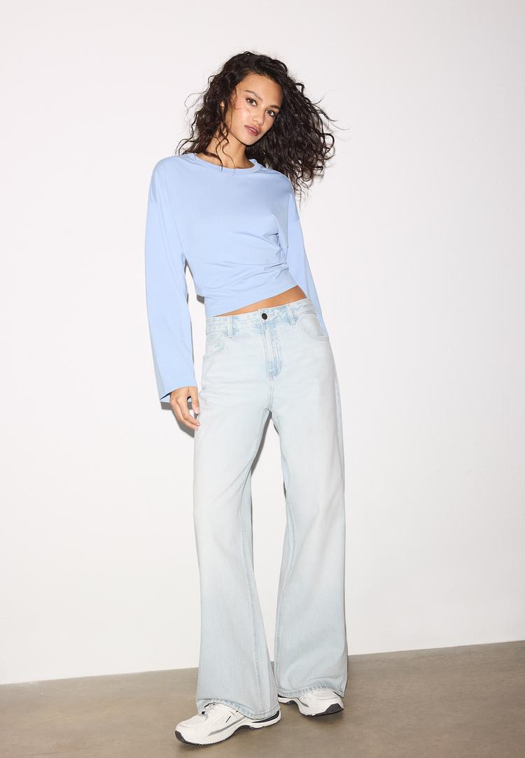 Stradivarius Τζιν Παντελόνι Με Φαρδύ Μπατζάκι Μπλε Ντένιμ 32