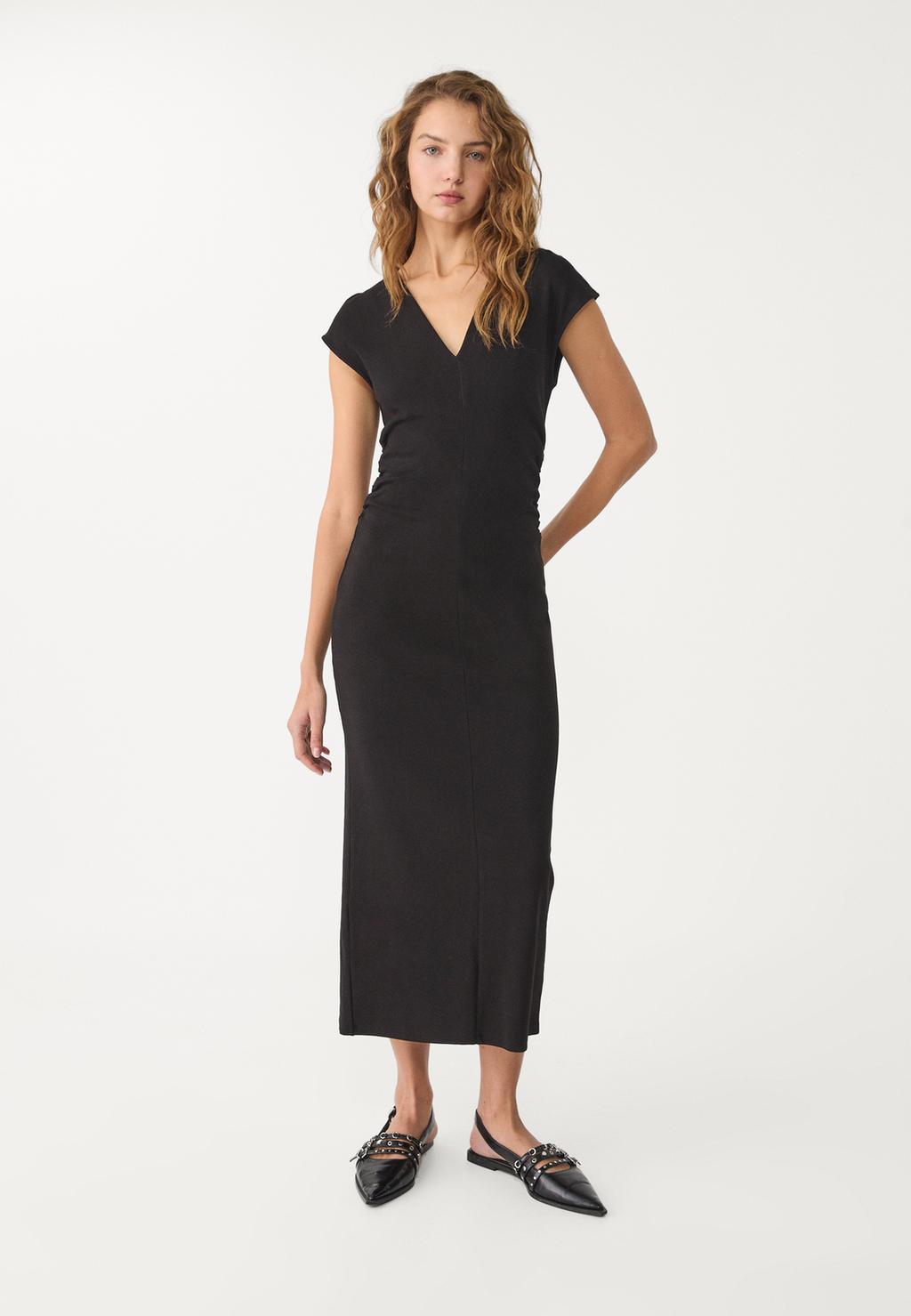 Gathered V-neck midi dress