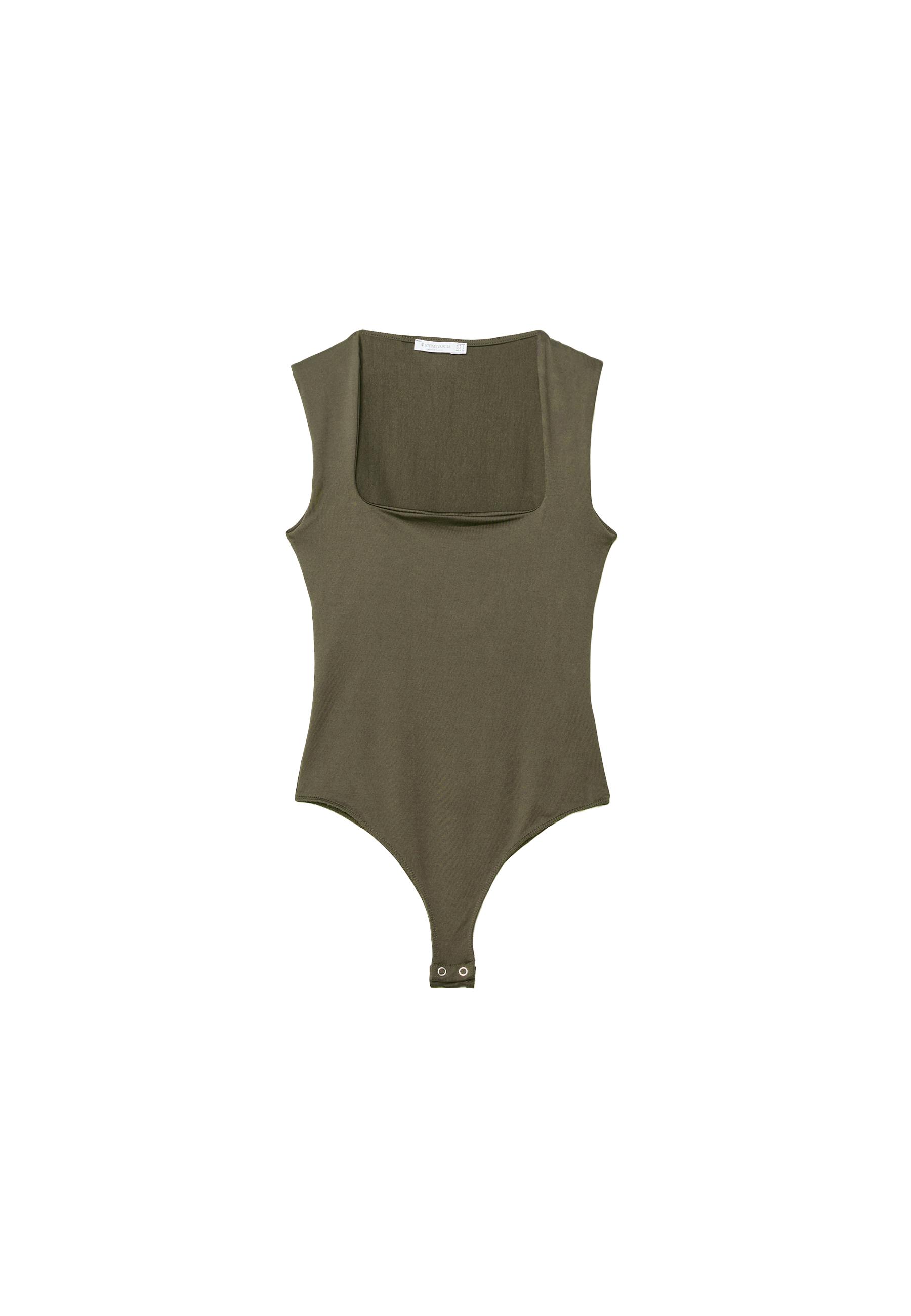 Polyamide square neckline bodysuit — Khaki