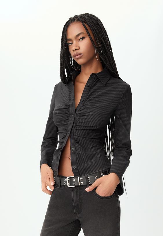 Stradivarius Striped Gathered Shirt Black Xs
