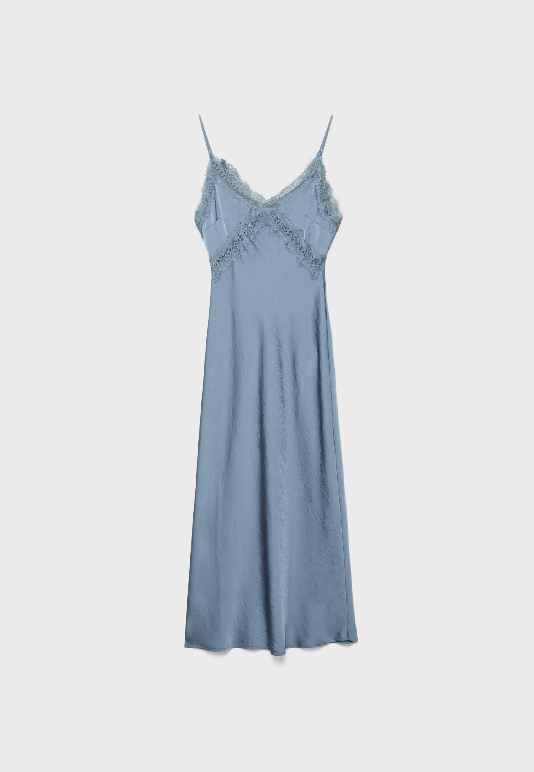 Satin midi dress with lace — Sky blue