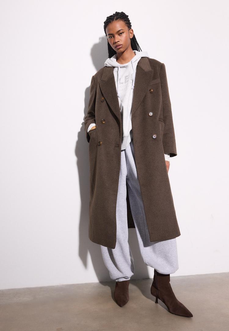 Stradivarius Μακρύ Σταυρωτό Παλτό Oversize Καφέ Xl