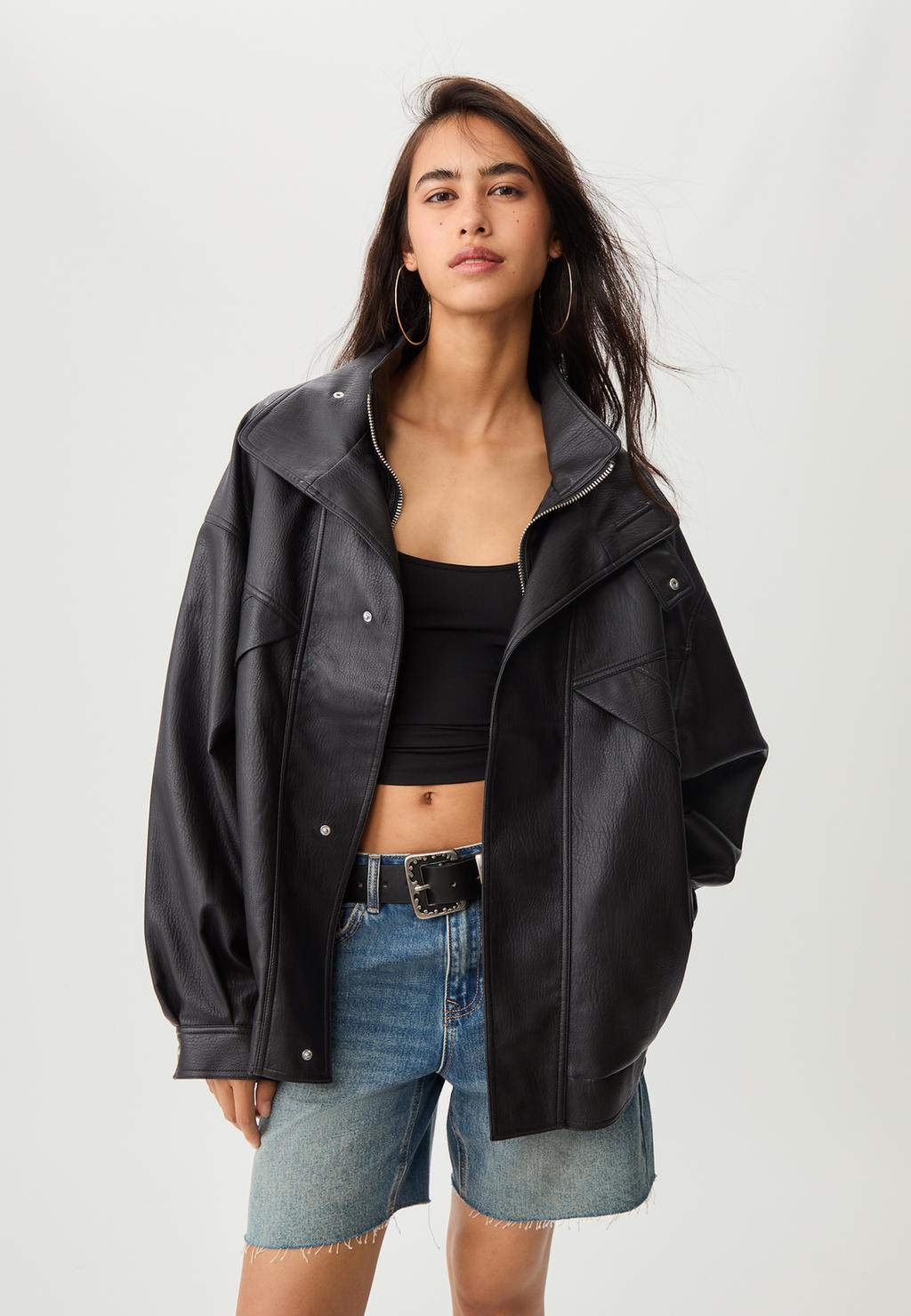 Oversized jas met leereffect