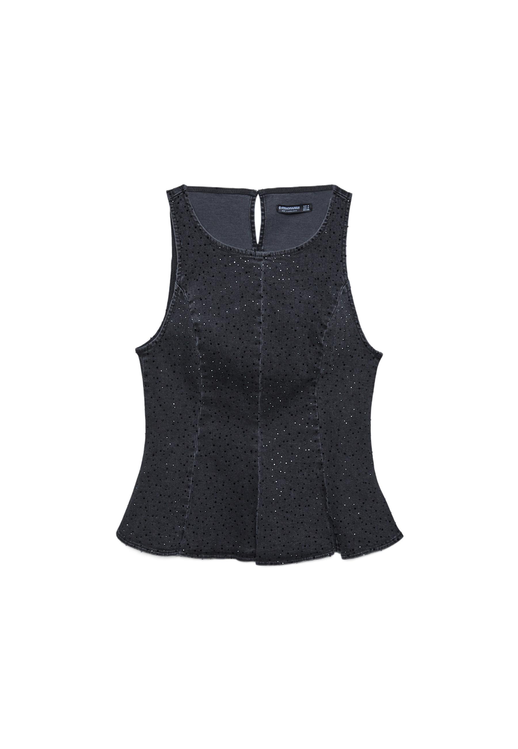 Denim peplum top with rhinestones — Black