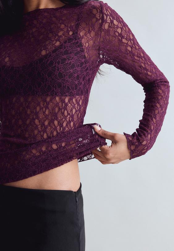 Stradivarius T-Shirt Van Kant Met Lange Mouw Purper M