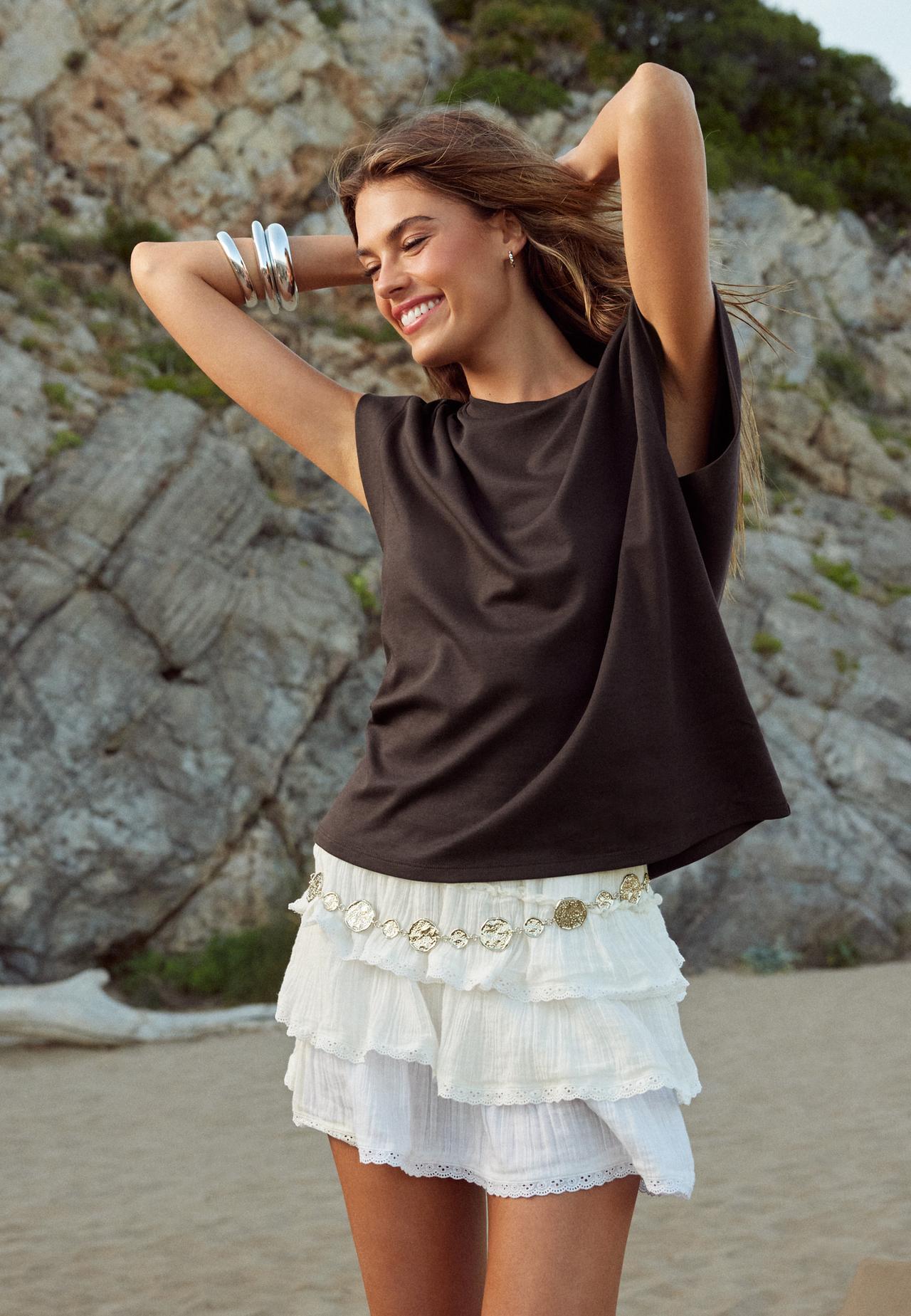 Ruffled crepe skort — Ecru