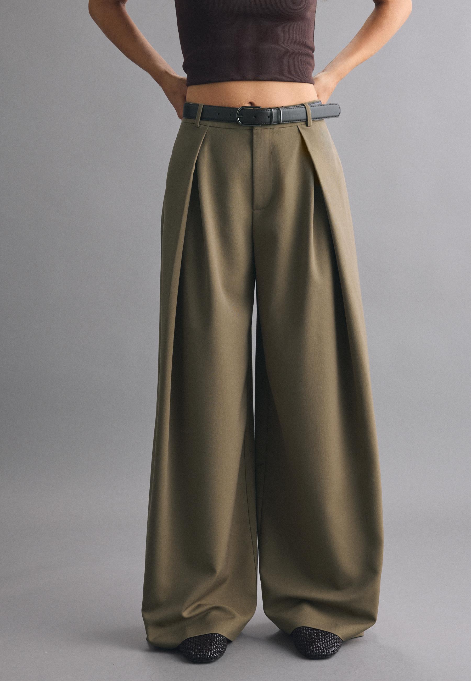 Wide-leg darted trousers with belt — Khaki