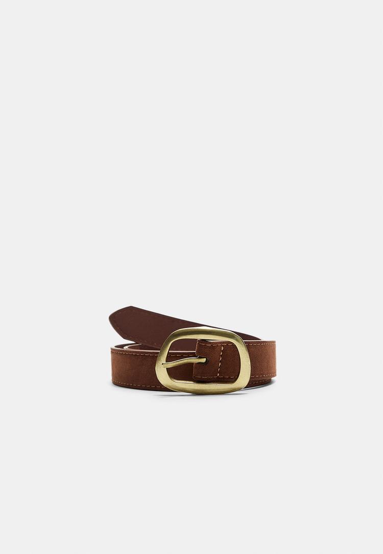 topstitched belt with asymmetric buckle