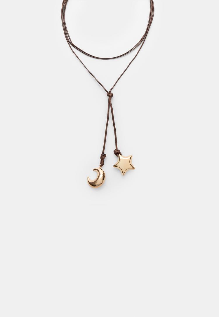 Stradivarius Colier Cu Șnur, Lună Și Stea Auriu Os