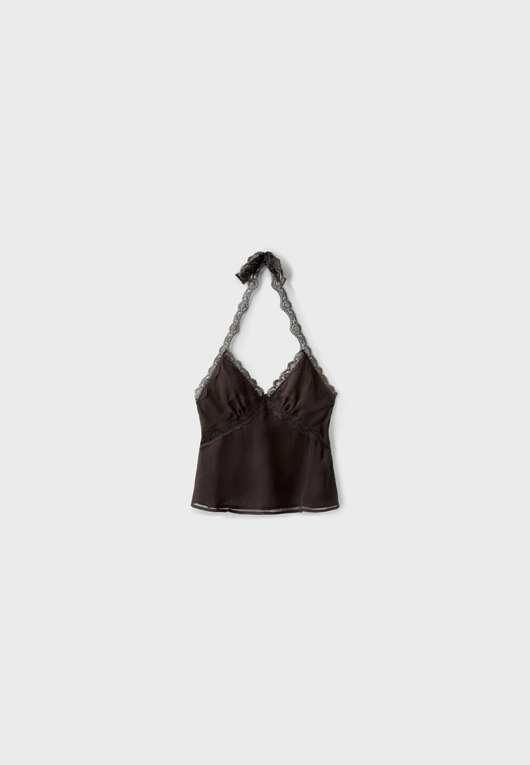 Halter neck top with lace trim — Brown