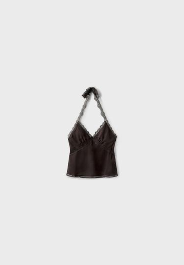 Lace detail halter top — Brown 7
