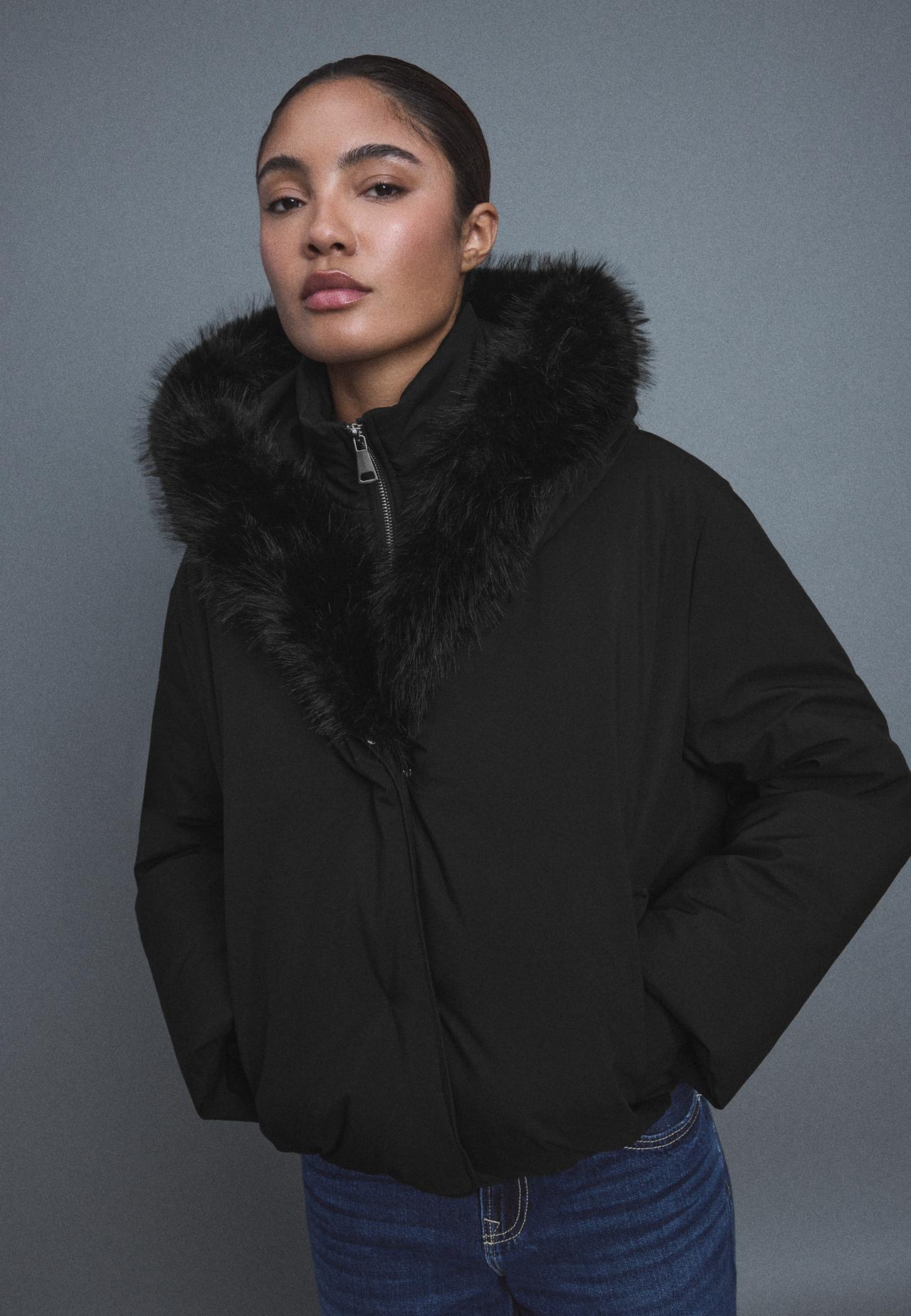 Padded jacket with faux fur hood — Black