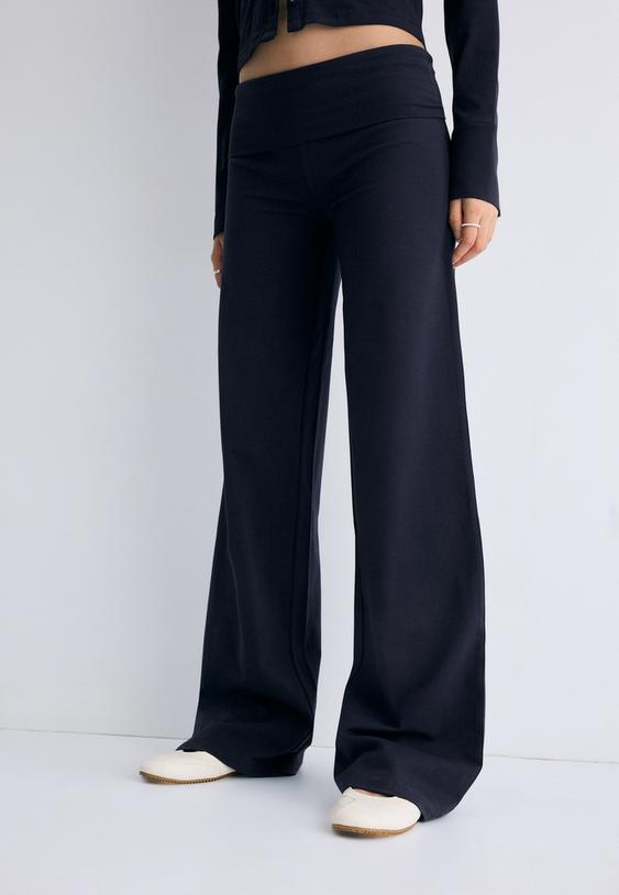 Stradivarius Pantalon Maille Taille Retournée Marine Xs