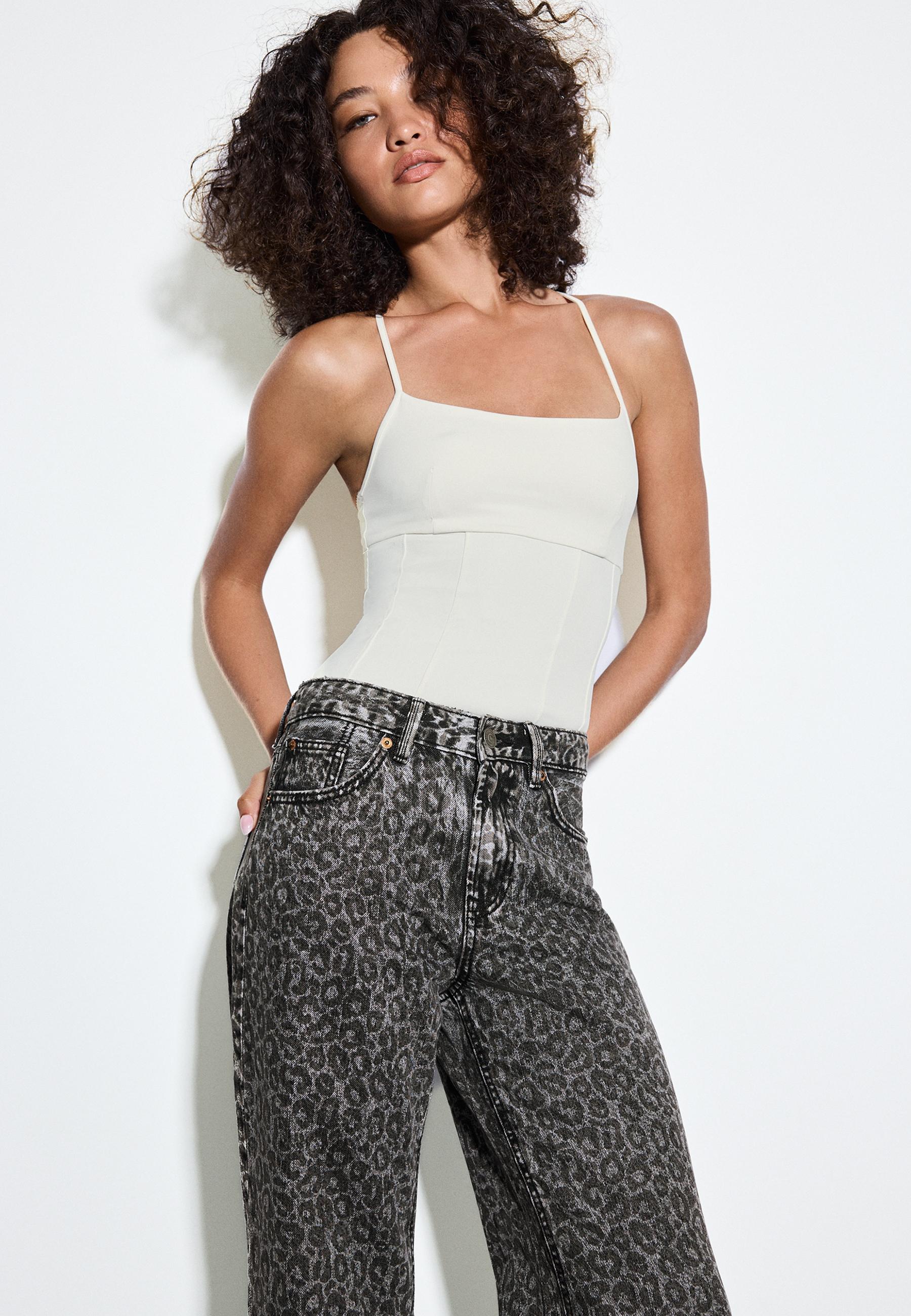 Straight wide-leg leopard print jeans — BLACK DENIM WASHED EFFECT