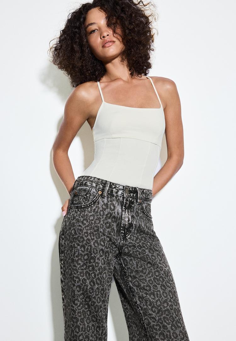  Stradivarius Τζιν Παντελόνι Straight Wide Με Λεοπάρ Τύπωμα Σκούρο Γκρι 40 - 3