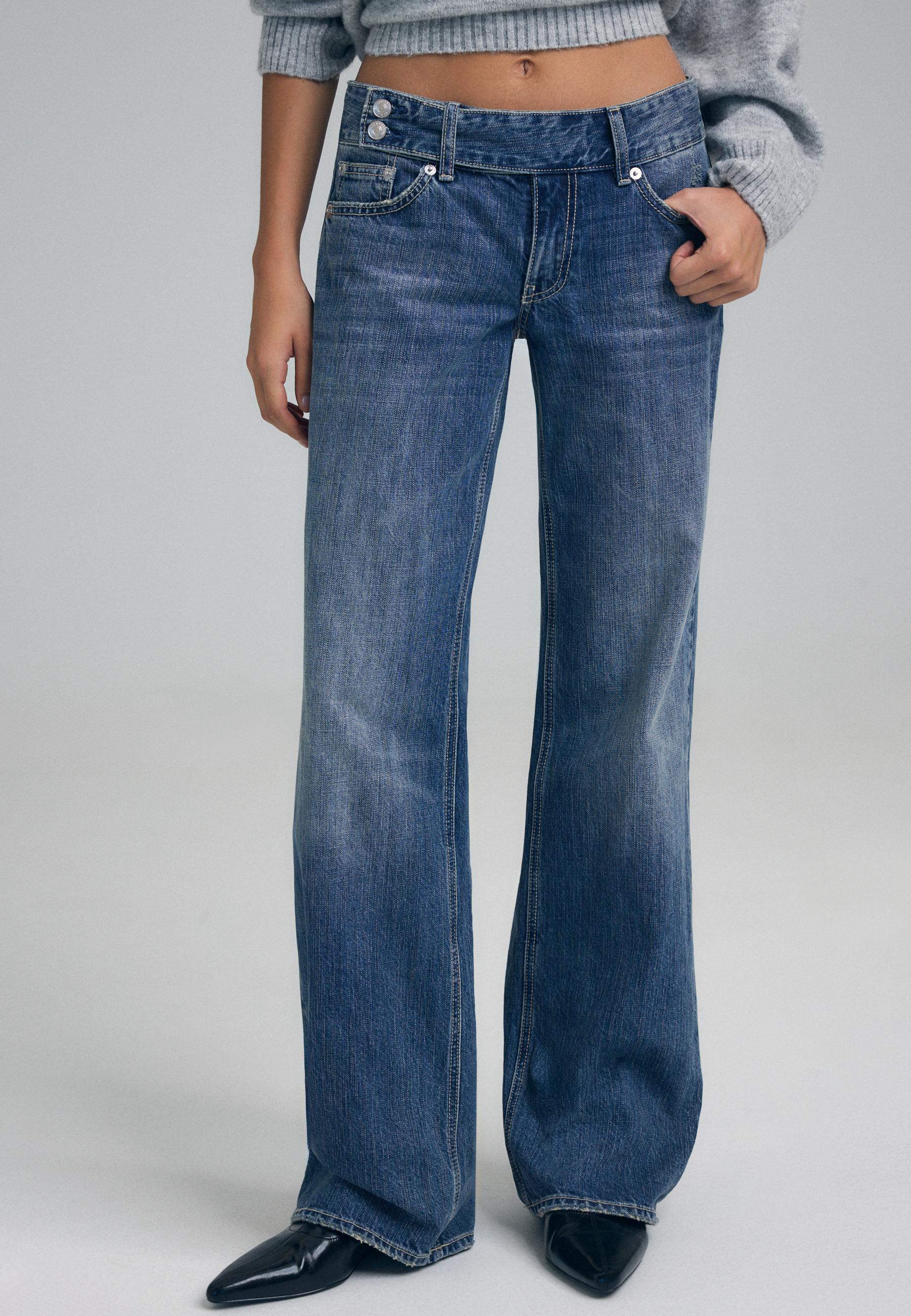 Stradivarius Χαμηλόμεσο Τζιν Παντελόνι Straight Μπλε Overdye 32