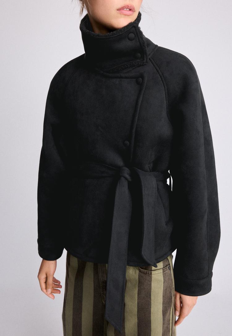 Faux suede double-faced jacket — Black