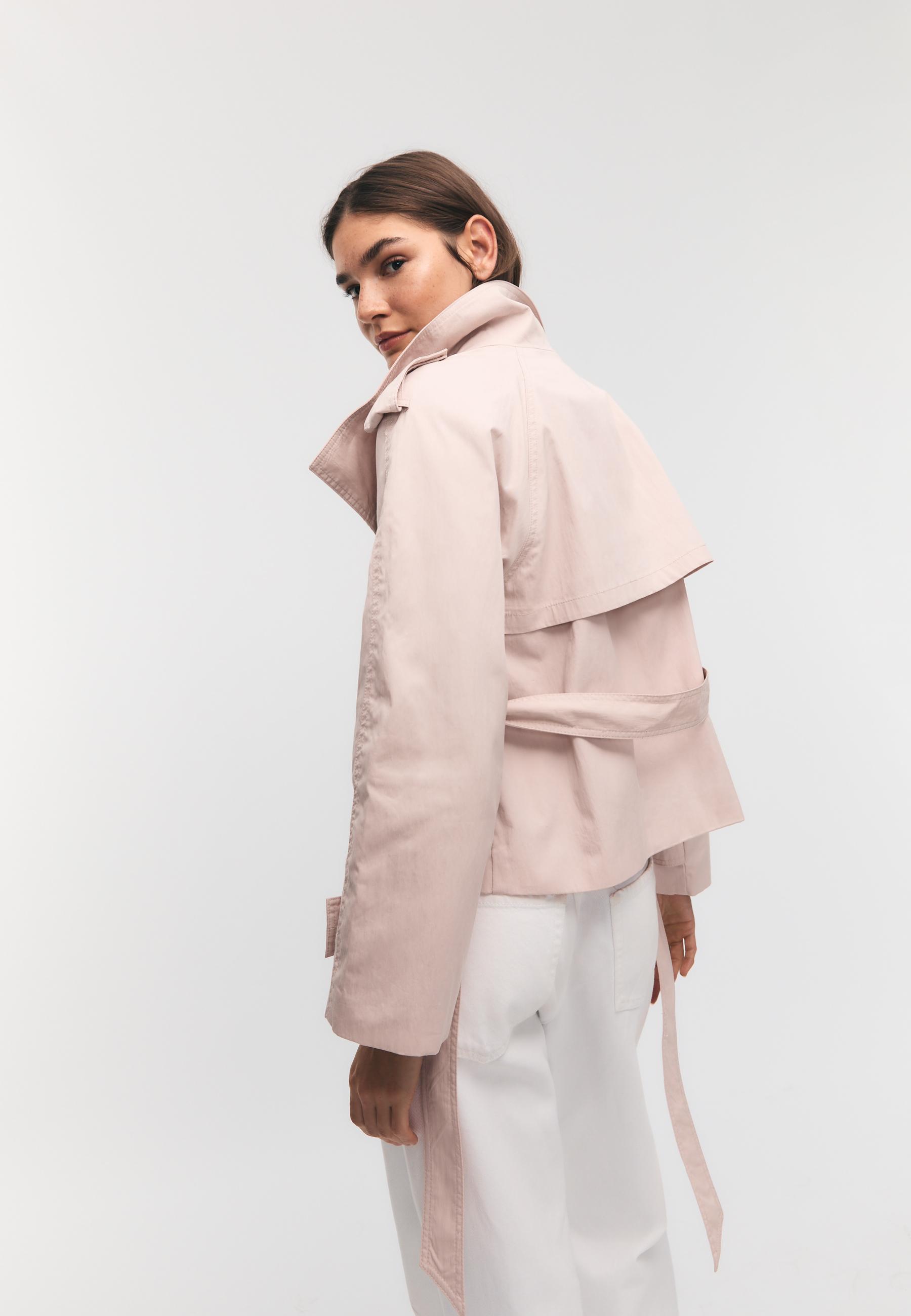 High-neck trench coat with belt — Salmon pink