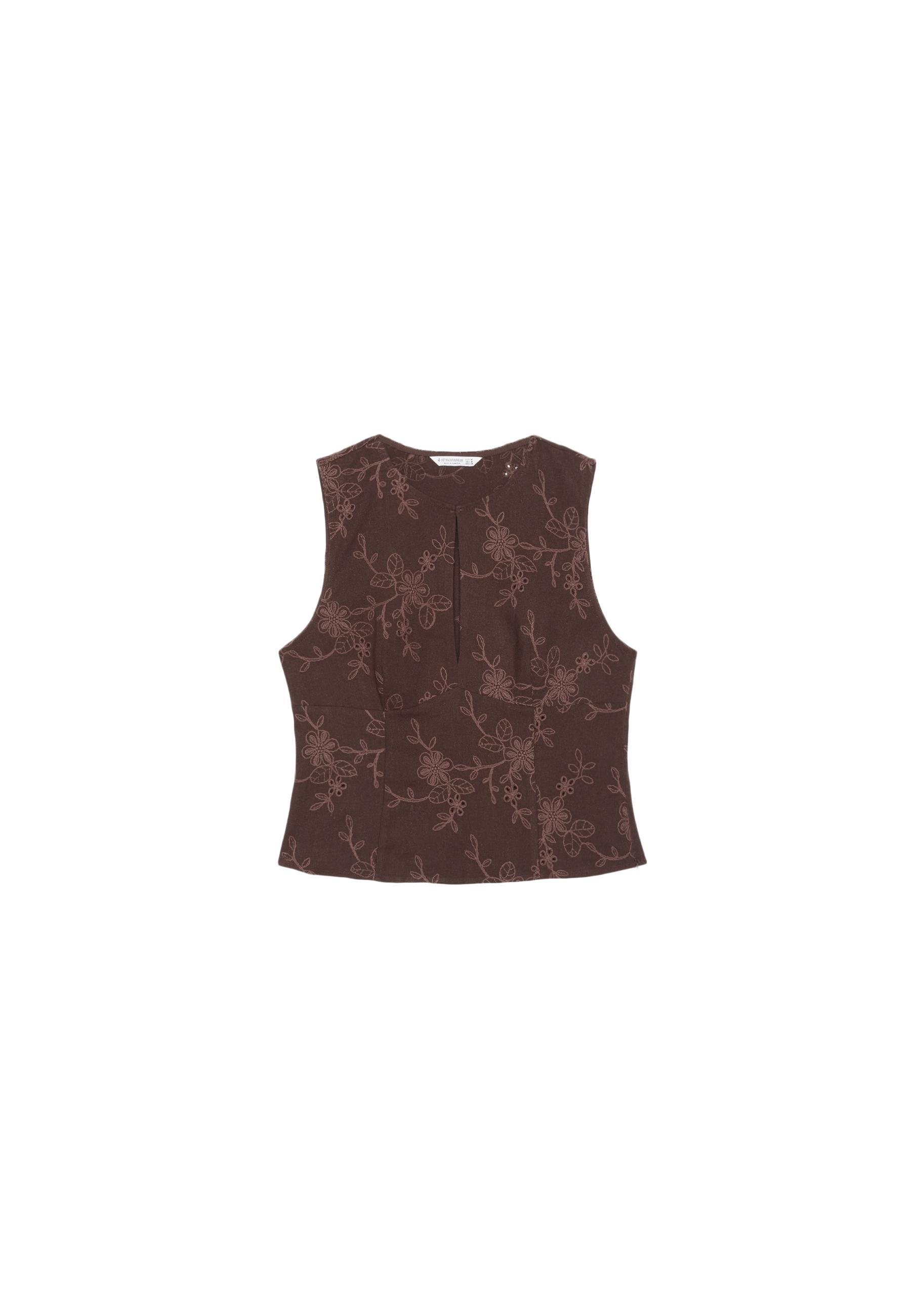 Embroidered fitted sleeveless top — Brown