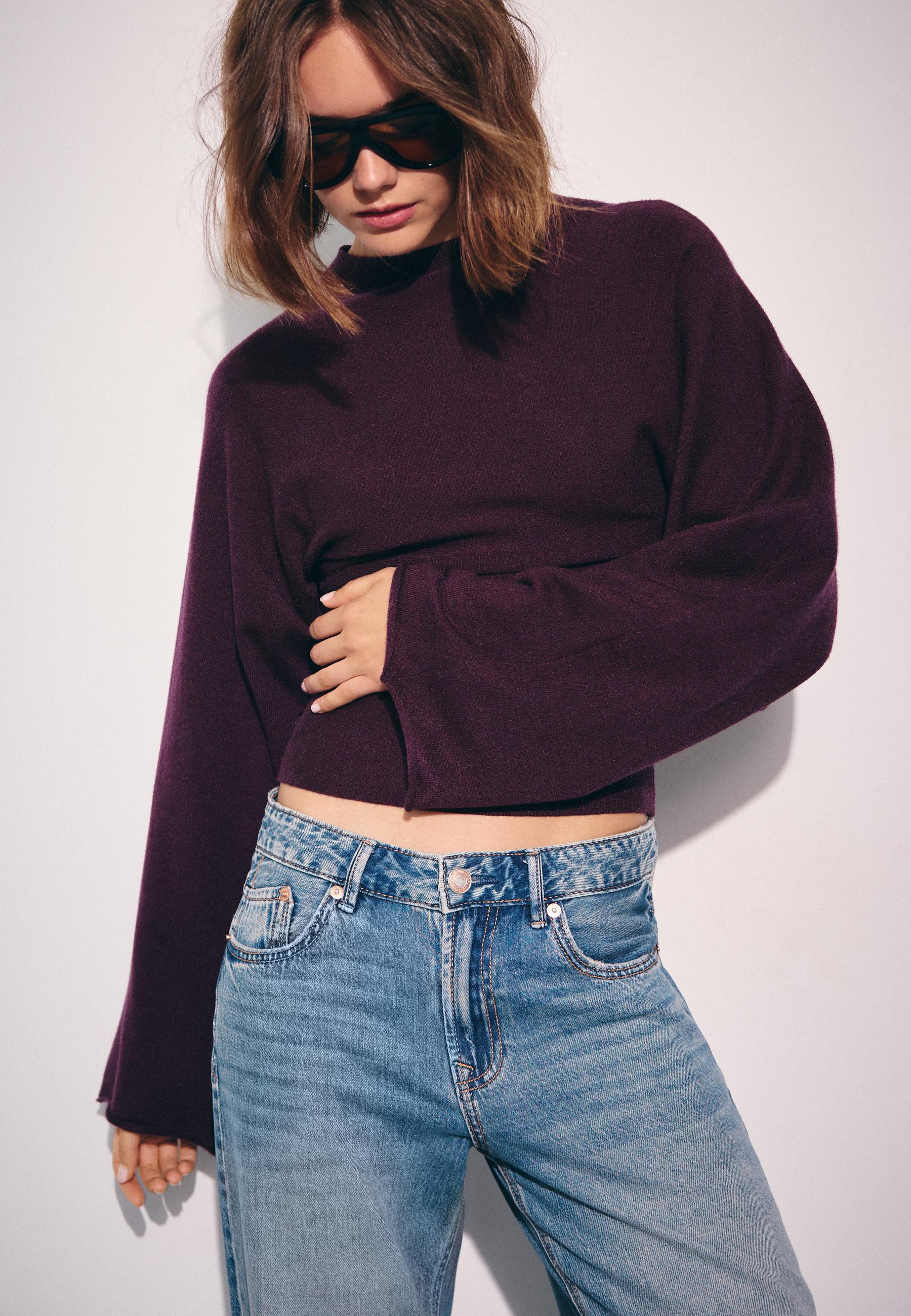 Stand collar knit jumper with kimono sleeves — Dark purple