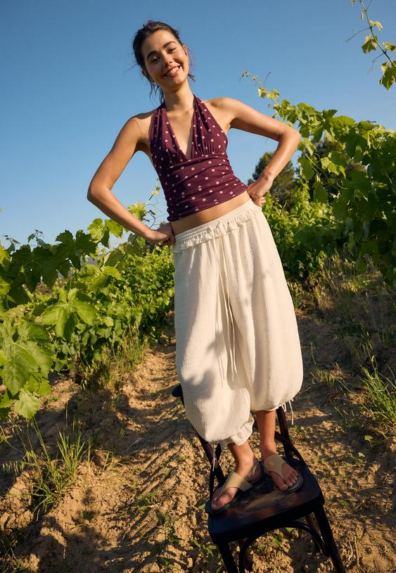 Stradivarius Pantaloni Bufanti Din Dantelă Ecru S