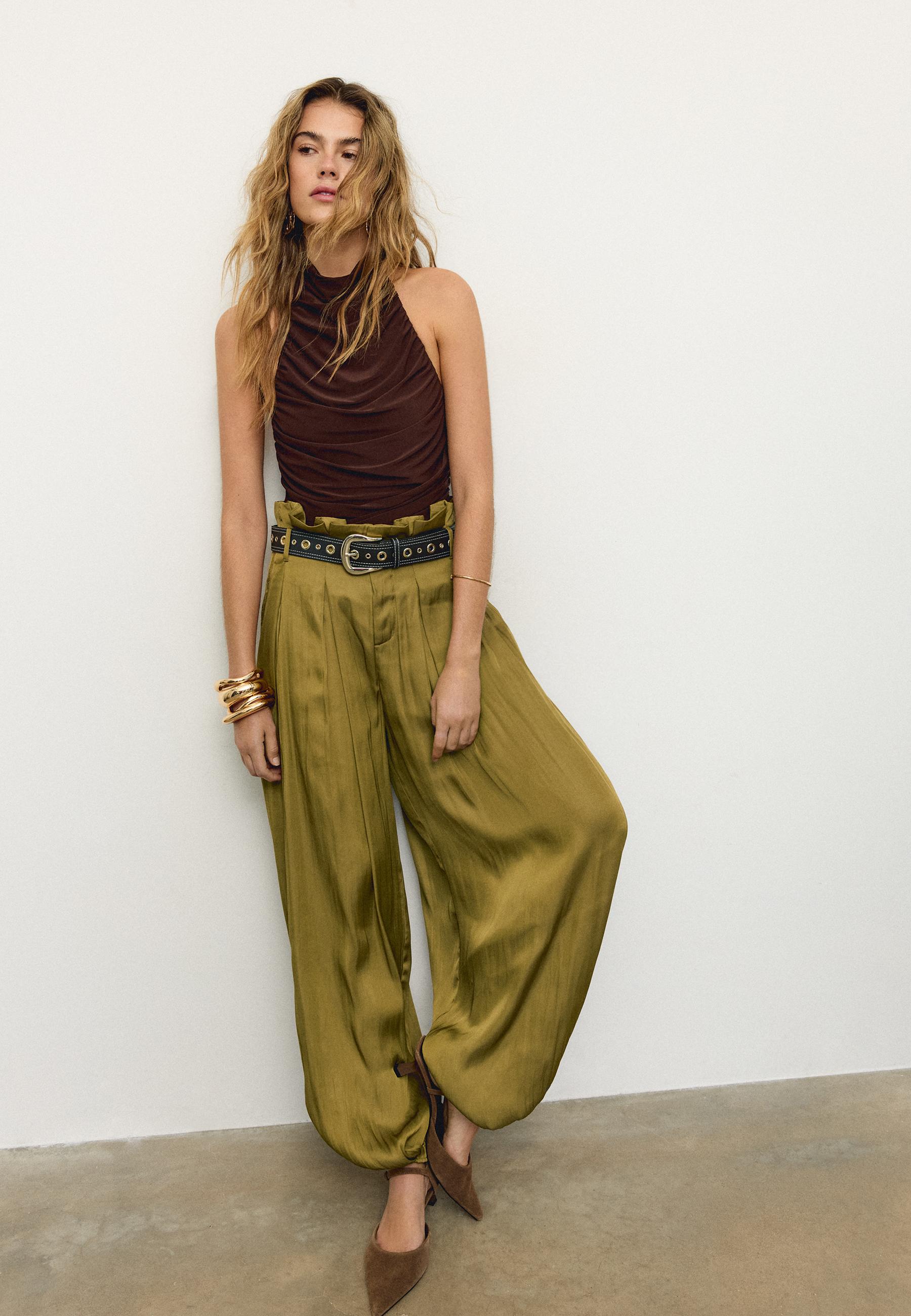 Satin sarouel trousers with belt — Olive green