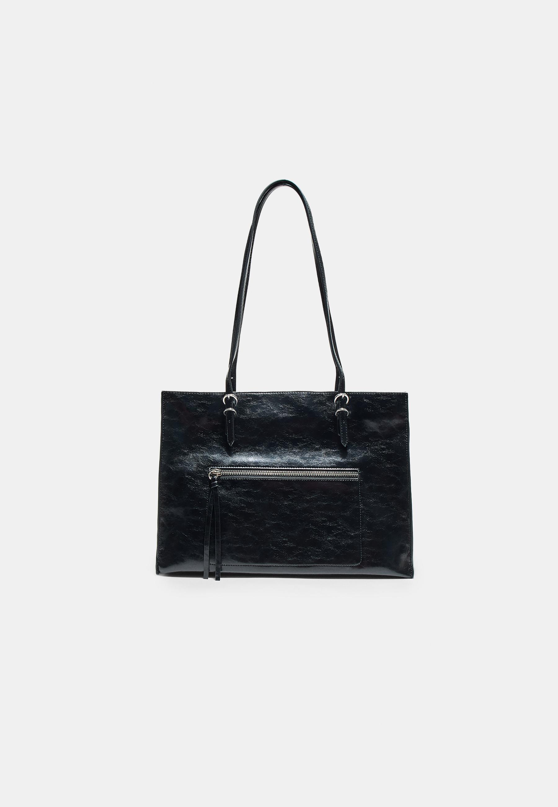 Stradivarius Τσάντα Shopper Με Φερμουάρ Και Όψη Δέρματος Μαύρο Os