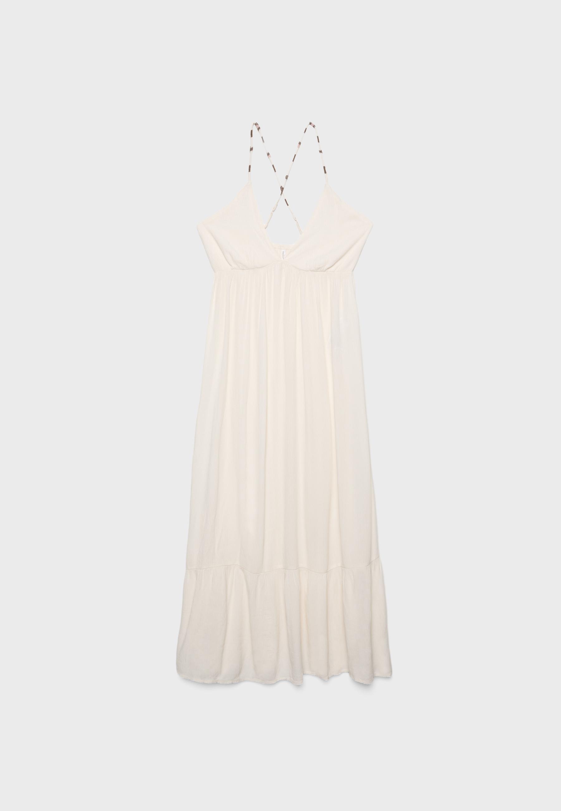 Long crepe dress with beading straps — Vanilla
