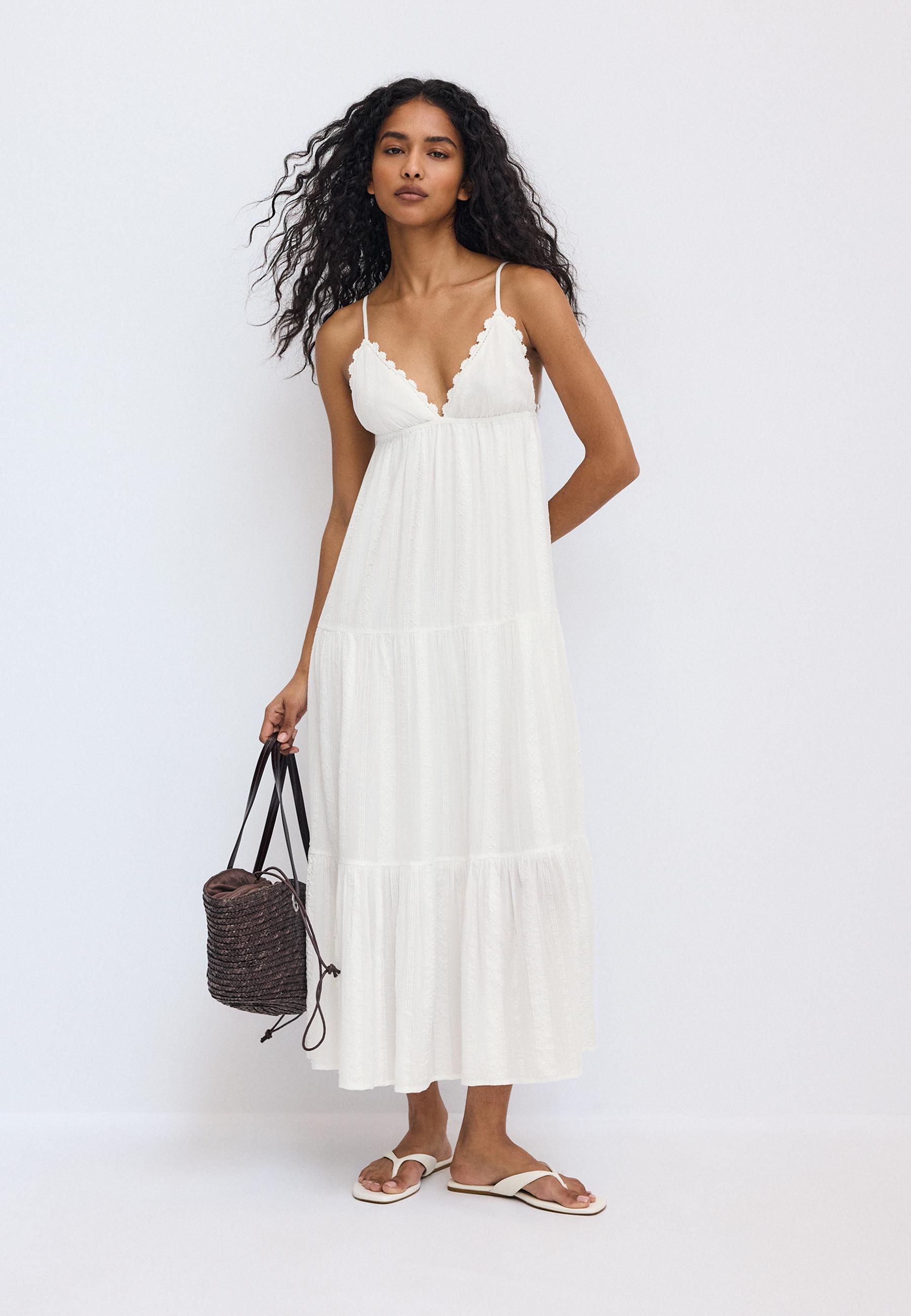 Stradivarius Μακρύ Χυτό Φόρεμα Με Ανοιχτή Πλάτη Λευκό Xs