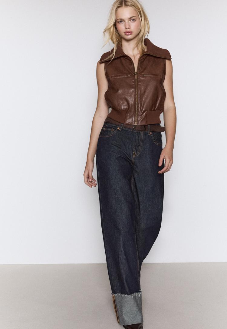 gilet similicuir combine maille cotelee