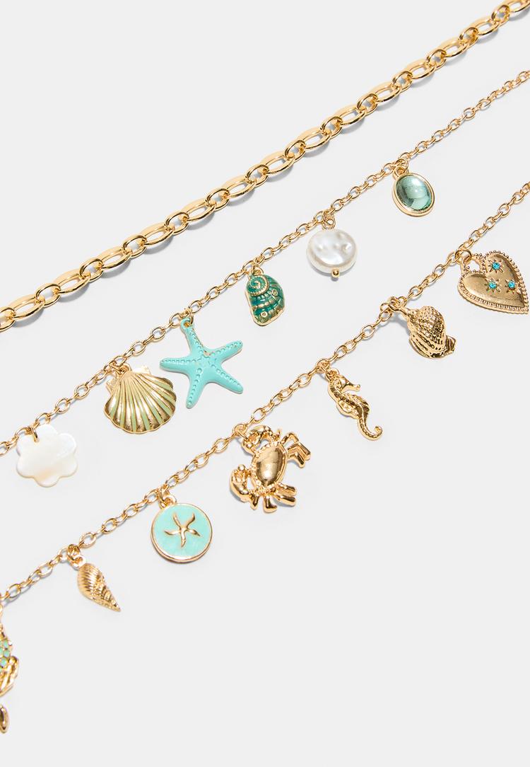Stradivarius Σετ 3 Κολιέ Με Πολλαπλά Θαλασσινά Charms Χρυσαφί Os φωτογραφία