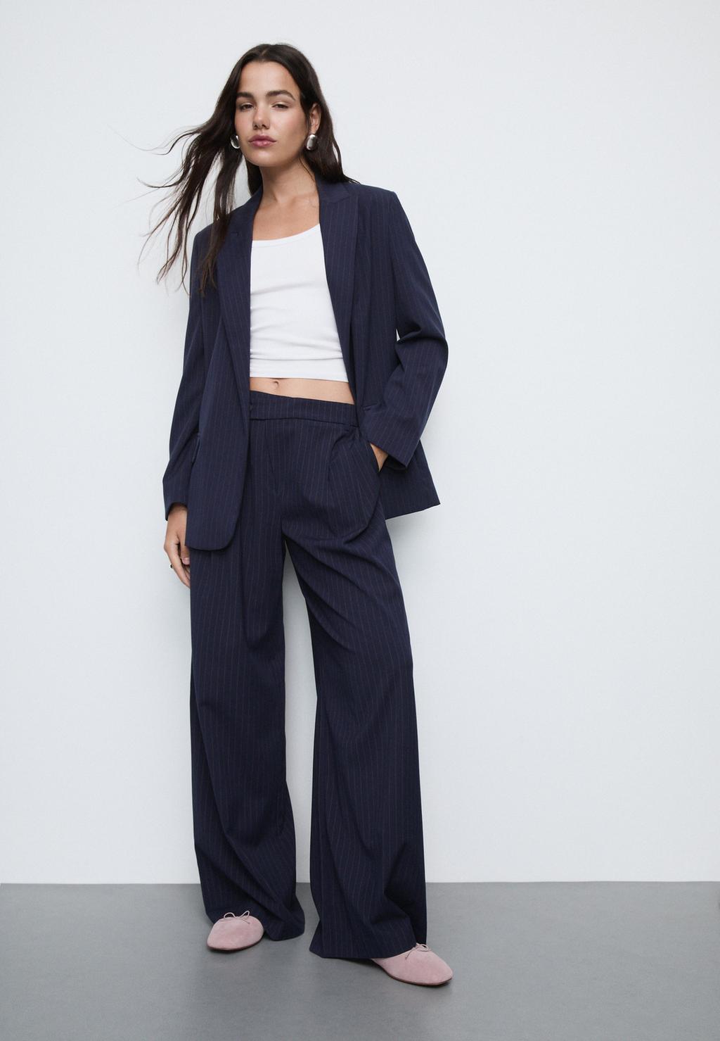 Casual striped smart trousers with crossover waist