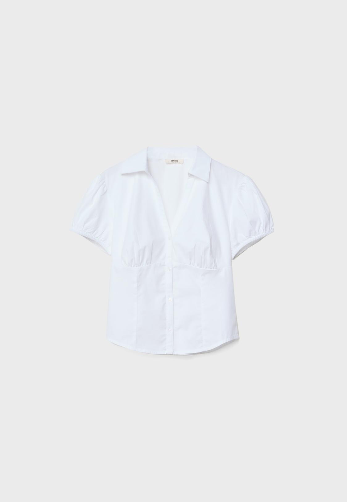Blusa Blanca Blusa Cuello Pico Stradivarius Camisa Fitted Manga