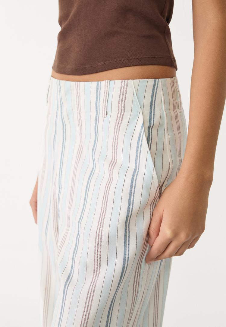 Straight fit dökümlü çizgili keten karışımlı pantolon_9