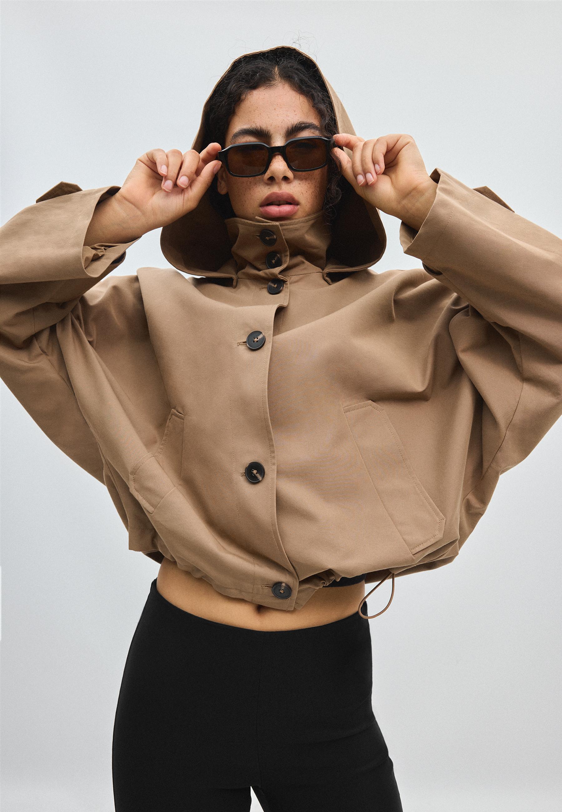 Short hooded oversize trench coat — Beige